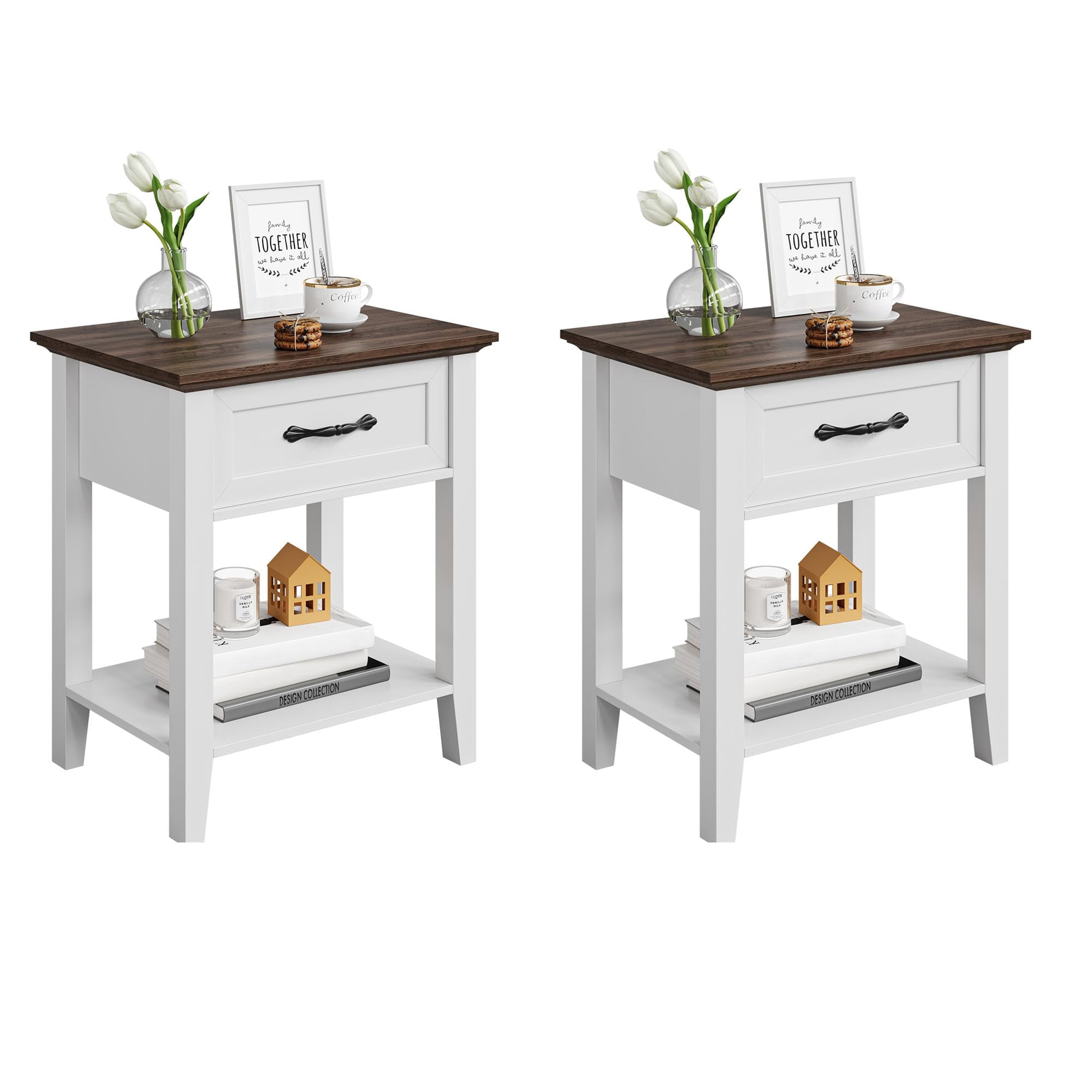 Nightstands Set of 2 with Drawers, White Bedside Tables with 2-Tier Storage Shelf, Pair of End Tables for Bedroom, Living Room, or Dorm