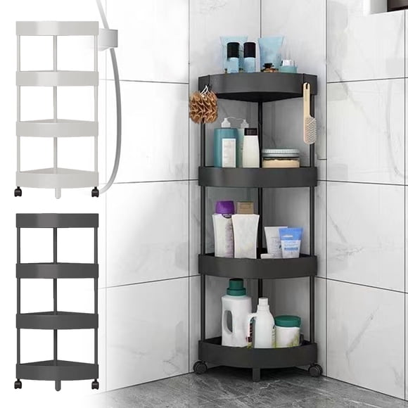 Bathroom corner storage shelf organizer, detachable 4 tiers rolling wheels, drainage holes, stainless steel, for home, multi-purpose storage, rolling shelving unit