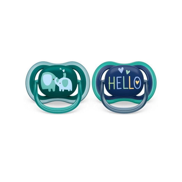 Philips Avent Ultra Air Pacifier 18m+, opal elephant / blue hello, 2 pack SCF349/18 with two pacifiers featuring breathable shields for sensitive skin; one with teal elephant design, the other navy blue with colorful 'HELLO' text, both have four large air holes, soft silicone nipples, BPA-Free, and include a sterilizer case.