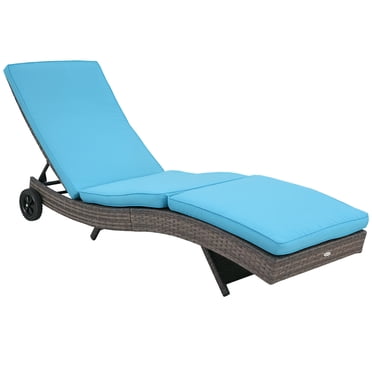 Outsunny Chaise Longue en Osier avec Coussin et Roues pour Patio, Terrasse, Bleu Ciel