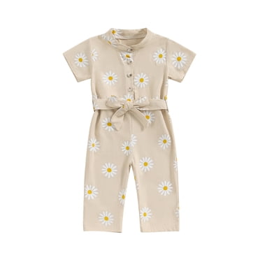 xiaxaixu Kids Baby Girls Summer Jumpsuit Daisy Print Front Button Short Sleeve Romper Pants with Belt for Toddler Cute Clothes