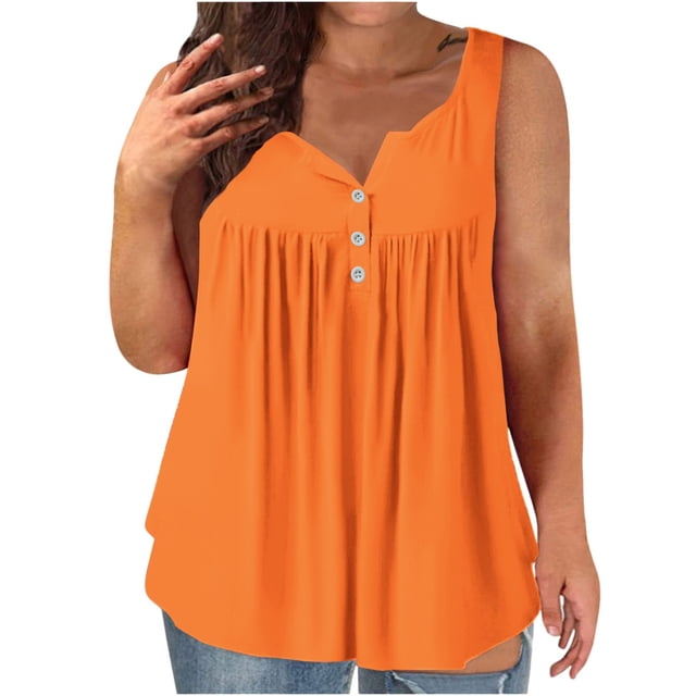 Dealovy Plus Size Tank Tops for Women Casual Sleeveless Scoop Neck Buttons Ruched Solid Color Loose Flowy Tees