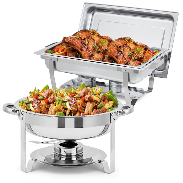 Kojooin Ensemble de 2/4/6 Plats à Réchaud pour Buffet, Ensemble de Réchauds Rectangulaires de 8 Qt et Ronds de 5 Qt en Acier Inoxydable avec Couvercle, Poêle pour Aliments et Eau et Support à Carburant pour Événements