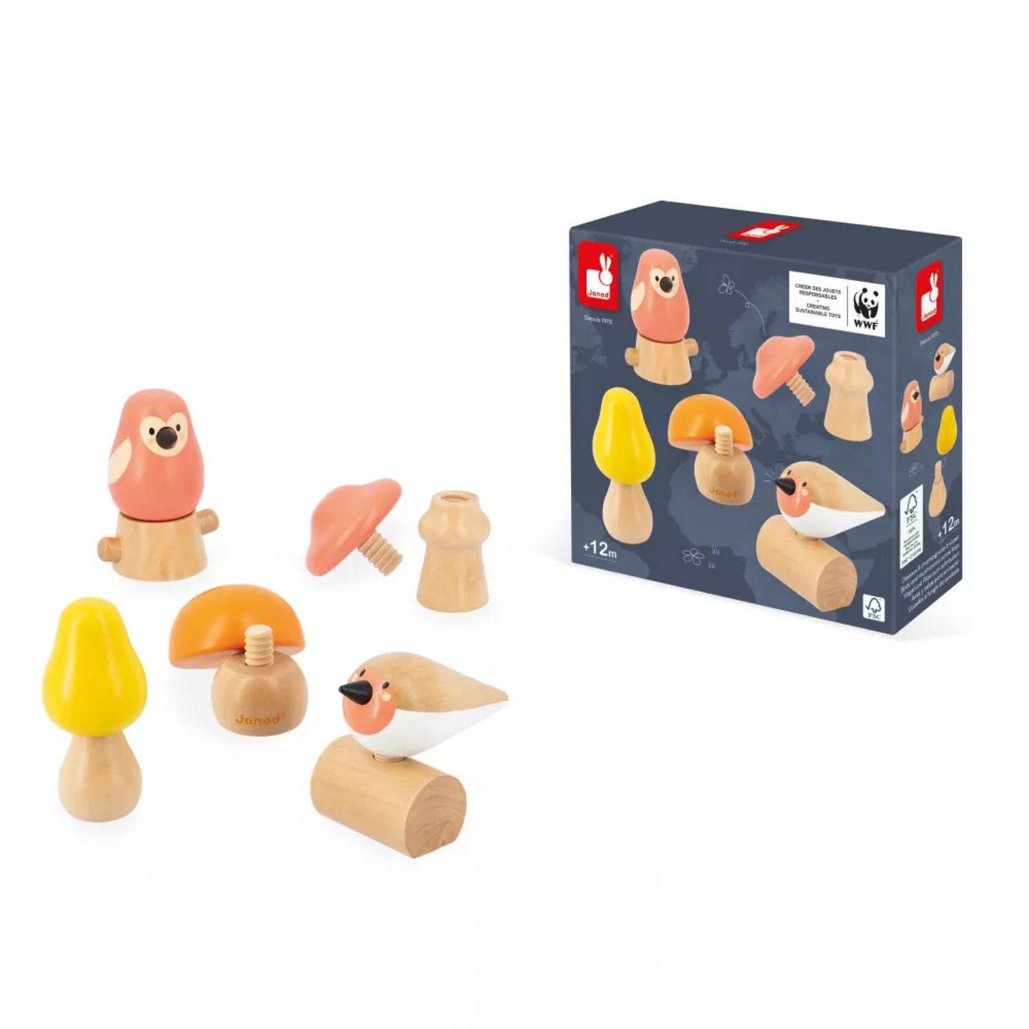 Janod - Oiseaux et Champignons à Visser - Jouet de Construction et d'Empilage - Jeu de Manipulation et de Préhension - Bois - Éveil Précoce - Pour Bébés et Tout-Petits - Dès 18 Mois - J08643