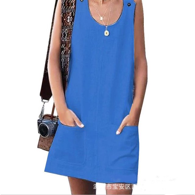 Nouvelle Robe de Poche Boutonnière pour Femmes Sans Manches à la Maison Décontractée Grande Taille Robe Couleur Unie en Vrac Robe d'Été