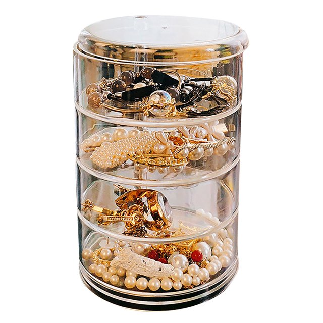 Boîte de Rangement pour Boucles d'Oreilles à Quatre Couches Rotative en Acrylique Transparent, Présentant un design Rotatif à 360 Degrés avec Quatre Compartiments Empilables. la Boîte Est Remplie de Divers Articles de Bijoux, Y Compris des Boucles d'Oreilles, des Colliers et des bracelets, Mettant en Valeur Sa Grande Capacité et Ses Capacités d'Organisation. Idéale pour Ranger et Exposer des Bijoux Tout en la Protégeant des Dommages.
