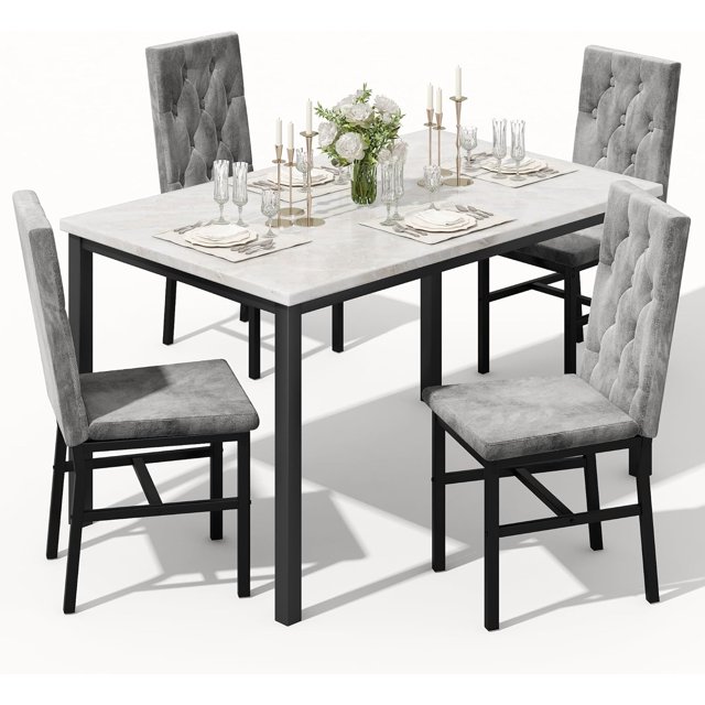 Stmoze Dining Table Set for 4, 5 Pieces Faux Marble Kitchen Table and Chairs Set, Rectangle Dining Table with 4 Velvet Dining Chairs, Modern Kitchen Set, Dining Set for Home, Apartment, Beige+Gray
