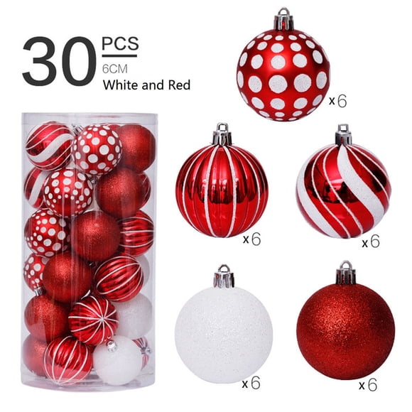TopLLC 30Pcs Christmas Balls Ornaments, Christmas Decorations for Xmas Tree, 2.36 inch Glitter Red and White Shatterproof Christmas Tree Hanging Baubles, Christmas Pendant for Party Wedding