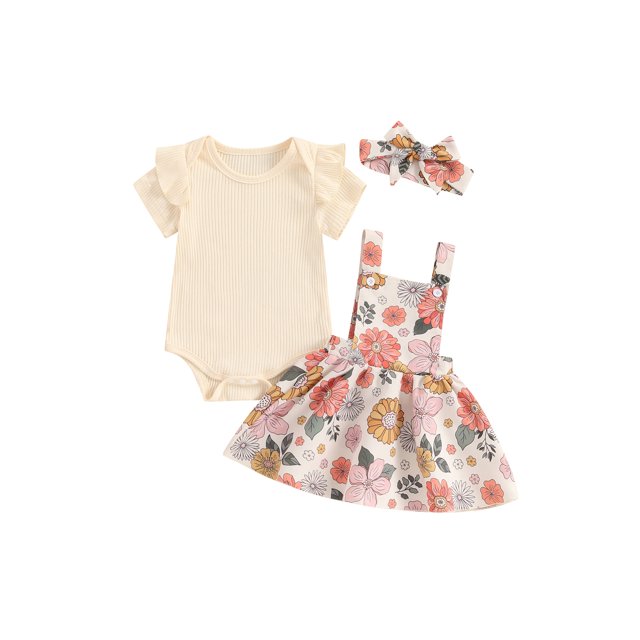 Gupgi Infant Girl Short Sleeve Ribbed Romper+Daisy Print Suspender Skirt+Headband 2PCS Summer Baby Outfits Set