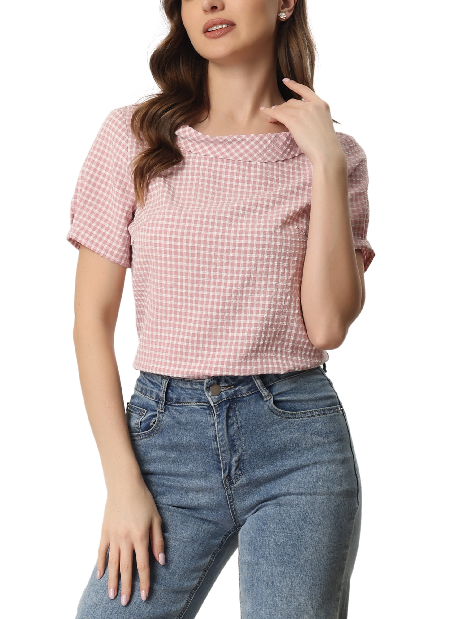 INSPIRE CHIC Women's 1950s Round Collar Short Sleeve Checked Tops Pink M