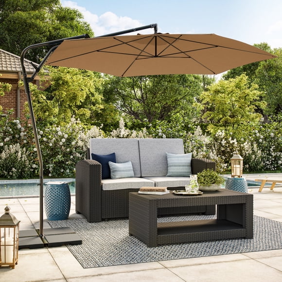 CorLiving Solward 10ft Tilting Cantilever Patio Umbrella with Steel Frame and 6 Support Arms, Taupe