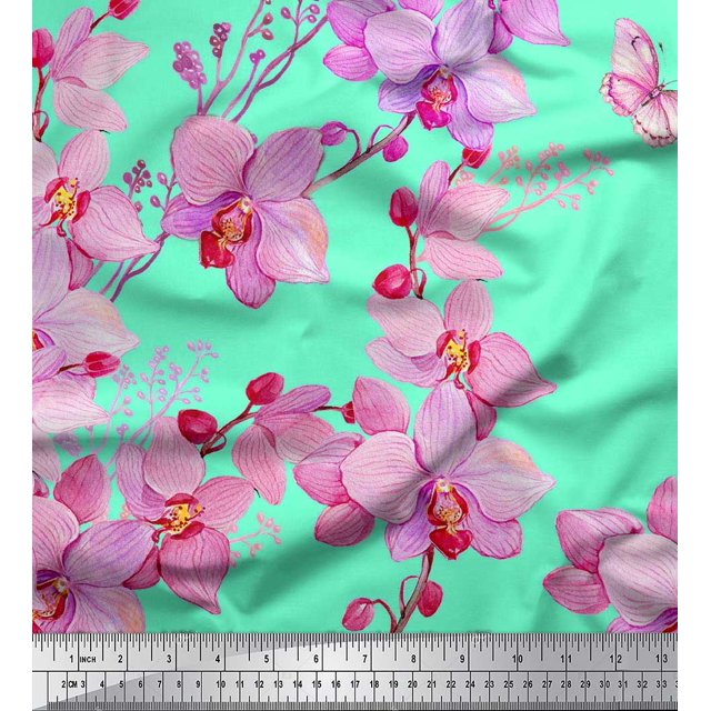 Soimoi Poly Georgette Fabric Bird & Orchids Flower Print Sewing Fabric Yard 42 Inch Wide