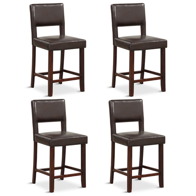 Gymax 4-Piece PVC Leather Counter Height Bar Stool Set with Back and Rubber Wood Legs in Brown. Each stool features a hollowed backrest, padded seat upholstered in premium PVC leather, and solid rubber wood legs with anti-slip foot pads. Designed with a 7-inch high footrest for added comfort, these stools are suitable for kitchens, pubs, or cafes. Dimensions: 19'' x 20.5'' x 39'' (L x W x H), with a seat height of 24.5 inches and a maximum load capacity of 400 lbs.