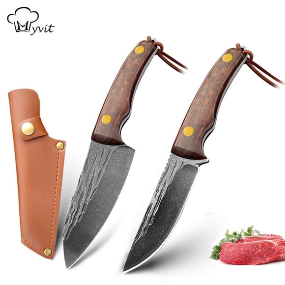 Fixed Blade Knife with High Carbon Steel Blade,2PCS Full Tang Mini Hunting Knife with Leather Sheath Wood Handle and Paracord Lanyard for Outdoor Survival Camping Bushcraft Butcher Knives