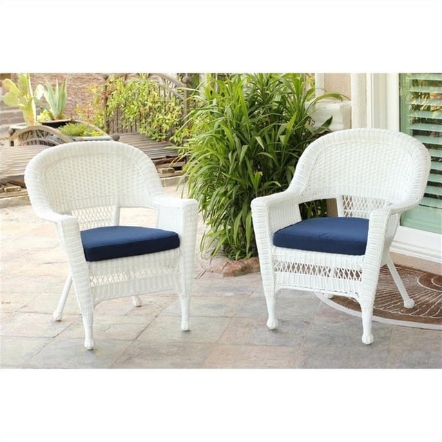 Jeco Chaise en Osier Blanche avec Coussin Bleu (Ensemble de 4)