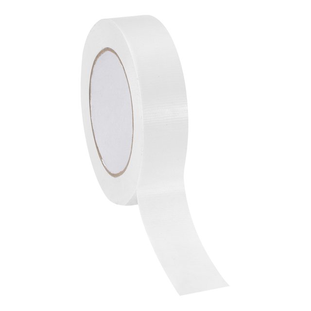 Unique Bargains White Cloth Bookbinding Repair Tape, 22 Yard roll, shown in a partially unrolled state. The tape is made of durable cloth material with a strong adhesive backing, ideal for repairing and reinforcing book spines, covers, or pages. It measures 20 meters in length, 25mm in width, and 0.27mm in thickness. Suitable for bookbinding, crafts, and general-purpose applications.