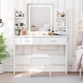 thumbnail image 1 of Vanity Desk with Lighted Mirror, Makeup Vanity Set with Power Outlet, Cushioned Stool, Vanity Table with 6 Storage Shelves, 2 Large Drawers and 3 Color Light Adjustable Brightness, Pink, 1 of 9