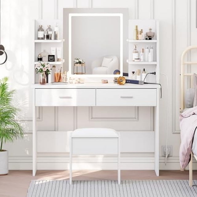 Vanity Desk with Lighted Mirror, Makeup Vanity Set with Power Outlet, Cushioned Stool, Vanity Table with 6 Storage Shelves, 2 Large Drawers and 3 Color Light Adjustable Brightness, Pink