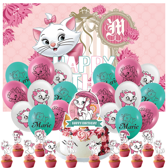 32 PCS For Marie Aristocats Cat Theme Birthday Party Decoration Set,Includes Happy Birthday 5*3ft Birthday Backdrop Decorations,Cupcake Toppers,and Balloons for Kids’ Celebrations