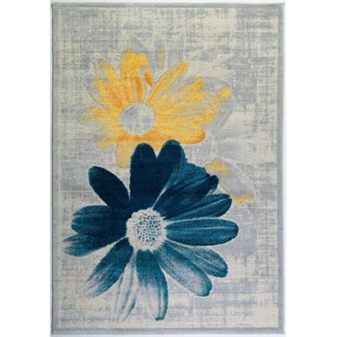 Contemporary Floral Pattern Area Rug Carpet in Teal Yellow, 8x11 (7'10" x 10'5", 240cm x 320cm)