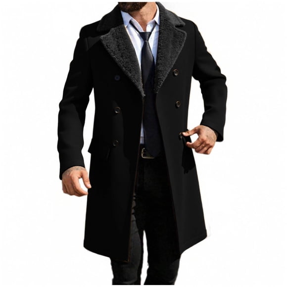 Lovzfmll Men's Trench Coat Double Breasted Notched Lapel Wool Blend Black, L