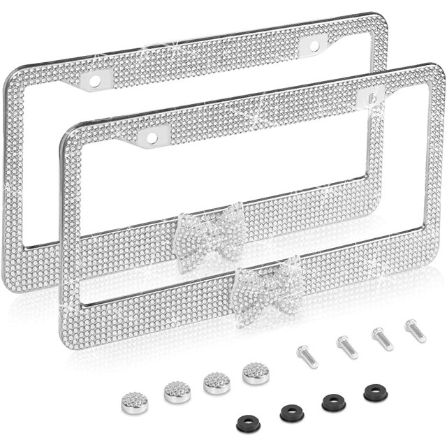 2 Pack Bling License Plate Frame,Handcrafted Bling Rhinestone Premium Stainless Steel License Plate Frame,14 Facets Clear Color Rhinestone Crystal (S
