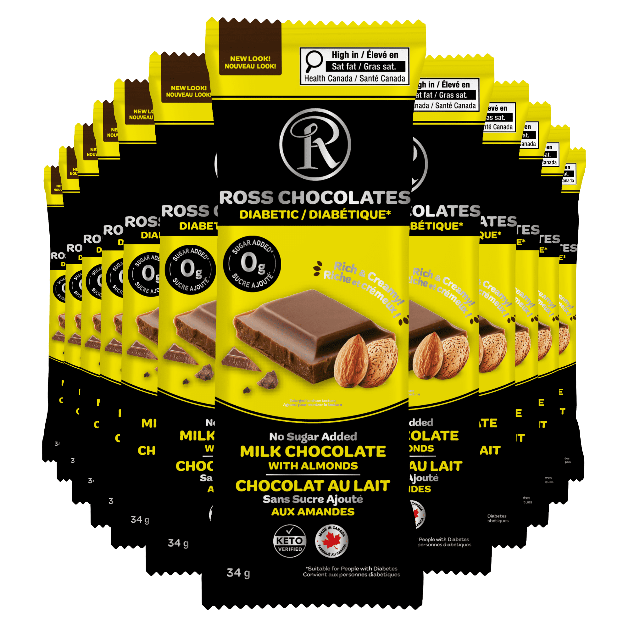 Ross Chocolates - Chocolate Bars No Sugar Added Milk Chocolate with Almonds x12