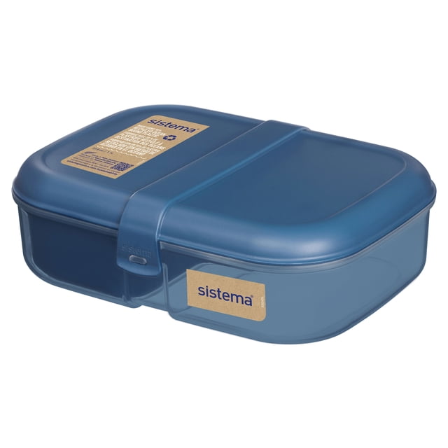 Sistema Ocean Bound Plastic Bento Box, 1.1 L lunch box in blue with hinged lid and secure clips, made from at least 35% recycled ocean bound plastic. Features a movable split compartment and a 130 mL Mini Bite pot, suitable for fresh food storage and reducing plastic waste.