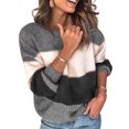 thumbnail image 2 of Femmes Pull Couleur Bloc Rayé Haut Col Rond Pull Rond à Manches Longues Chemisier, Gris, M, 2 of 5