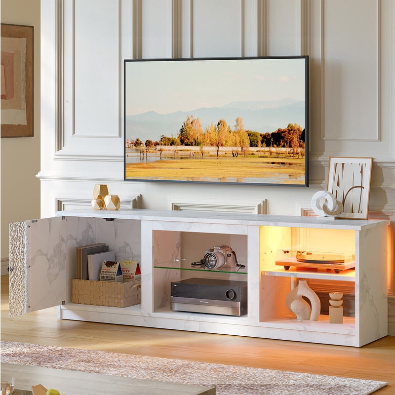 Pinmoco 63" LED TV Stand for 70/55/65 inch TV, White TV Console with Cabinet for Living Room, PS5