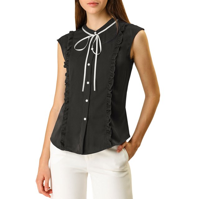 Unique Bargains Chemise d'Été à Manches Courtes à Nouer au Cou pour Femmes