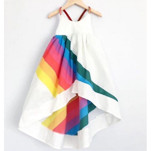 Girls Summer Dress Rainbow Print Strap Dress Party Backless Dress