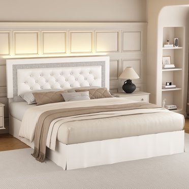 SIBEDS Bed Frame with Adjustable Headboard and Diamond Button PU White Upholstered Tufted Beds, Queen