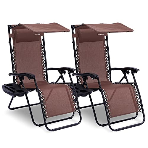Serene Life Zero Gravity Lounge Chair, Adjustable Steel Mesh Recliners, with Removable Pillows and Cup Holder Trays, Side Tables, Set of 2, Brown