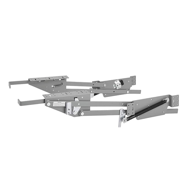 Rev-A-Shelf Mixer/Appliance Lift System for Base Cabinet, RAS-ML-HDCR centered front view of zinc-colored steel lift mechanism mounted inside a full-height base cabinet; spring-loaded bracket with 3 adjustable tension settings for 12" minimum opening, fits up to 60 lb and raises bulky stand mixers and countertop appliances for easier access, often used as a cabinet organizer for heavy small appliances.