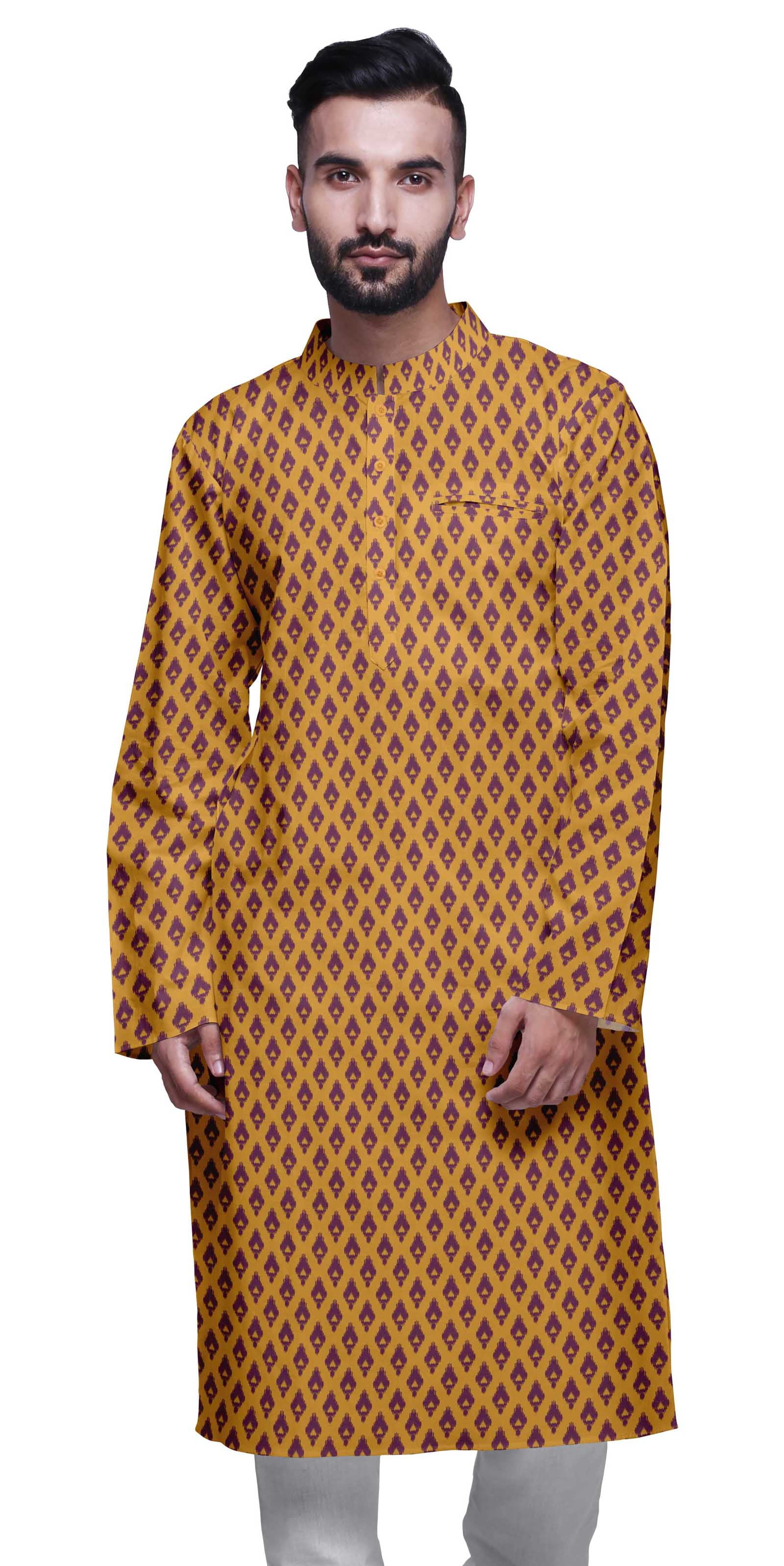 Atasi Kurta Imprimé pour Hommes Col Mandarin Popeline de Coton Kurta Chemise Décontractée