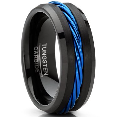 Men's Blue Cable Inlay Tungsten Ring Black Wedding Band 8MM