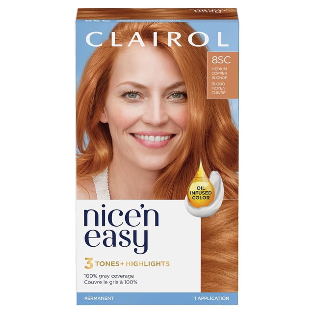 Clairol Nice'n Easy Teinture Capillaire Permanente en 8SC Blond Cuivré Moyen avec 3 Tons et Mèches, Couleur Infusée d'Huile pour une Couverture des Cheveux Gris à 100 %, Formule Permanente et un kit d'Application pour une Couleur de Cheveux d'Apparence Naturelle.