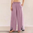 thumbnail image 3 of Womens Wide Leg Cropped Pants Cotton Linen Elastic High Waisted Palazzo Pants with Pockets Purple, 3 of 8