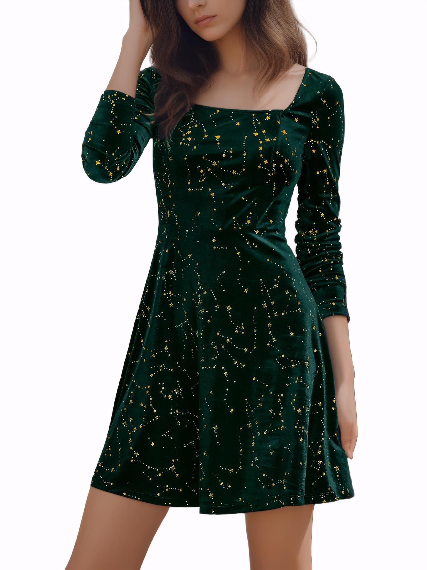 INSPIRE CHIC Robe de Soirée pour Femme à Imprimé d'Étoiles, Encolure Carrée, Mini Robe Vintage de Bal en Velours, TP Vert