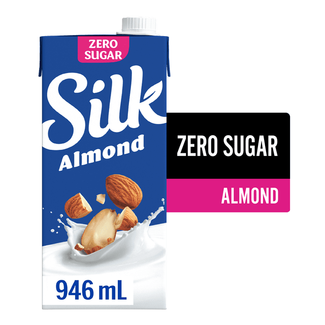 Silk Almond Milk Alternative, Unsweetened, Dairy Free, Shelf Stable 946 mL carton with blue and white packaging showing almonds splashing into almond milk, labeled zero sugar and non-GMO verified, suitable for vegan and low-calorie diets, often used as a milk substitute in recipes and cereals.