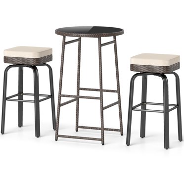 Gymax Ensemble de Bar Pivotant d'Extérieur 3 Pcs avec 2 Chaises Dessus en Verre Trempé Coussins Doux