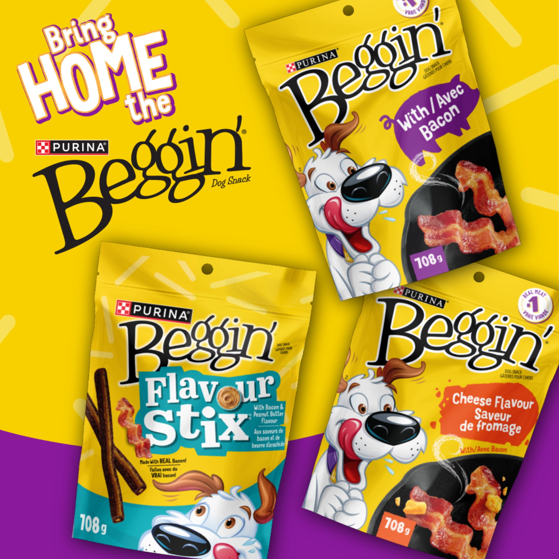 Beggin' Flavour Stix Aux saveurs de Bacon et de Fromage Cheddar et Jack, Gâteries en bâton à mâcher pour chiens 708 g