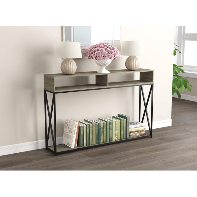 Safdie & Co. Console Table Dark Taupe 2 Open Shelves Black Metal