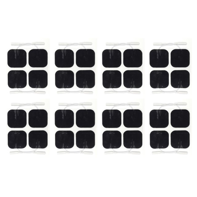 36pcs Electrode Pad Reusable Strong Stickiness Rectangular Replacement Electrode Pad for TENS Machine. The image shows multiple sets of black rectangular electrode pads with pigtail wires, designed for use with TENS machines and other health equipment. These pads are reusable, skin-friendly, and feature strong adhesive for secure placement on various body parts.
