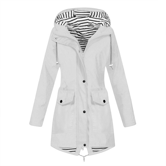Brnmxoke Womens Raincoat Long Plus Size Casual Waterproof Zip Up Rain Jacket with Drawstring Hood Lightweight Travel Hiking Outdoor Lined Windbreaker with Pocket White,XXL