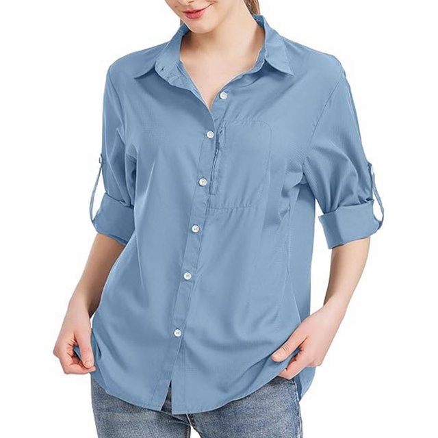 RXIRUCGD Blouse Chemise Décontractée pour Femme à Manches Longues, Col Rabattu, Couleur Unie, Hauts, Cardigan à Simple Boutonnage, Blouse avec Poches, Bleu, Taille : L