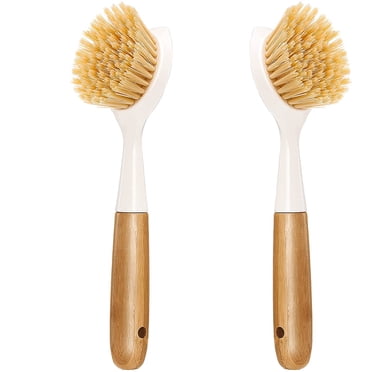 Best 2 Pack Kitchen Dish Brush Bamboo Handle Dish Scrubber Built-in Scraper, Scrub Brush for Pans, Pots, Kitchen Sink Cleaning, Dishwashing and Cleaning Brushes are Perfect Cleaning Tools, White