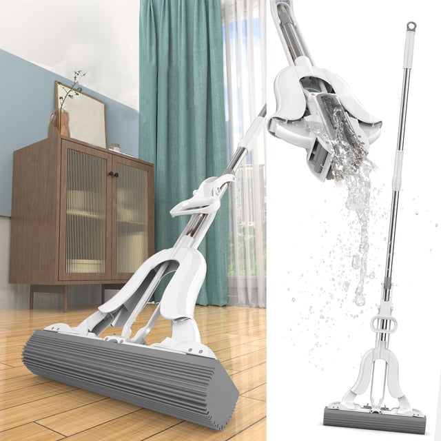 Dvkptbk Sponge Foam Mop with 180° rotatable head and folding extrusion dewatering mechanism. Made of white PP, PVA, and stainless steel, with an adjustable iron pole extending from 40 to 49 inches. Ideal for cleaning tile floors, bathrooms, garages, and RVs. Includes removable sponge for easy maintenance and strong water absorption.