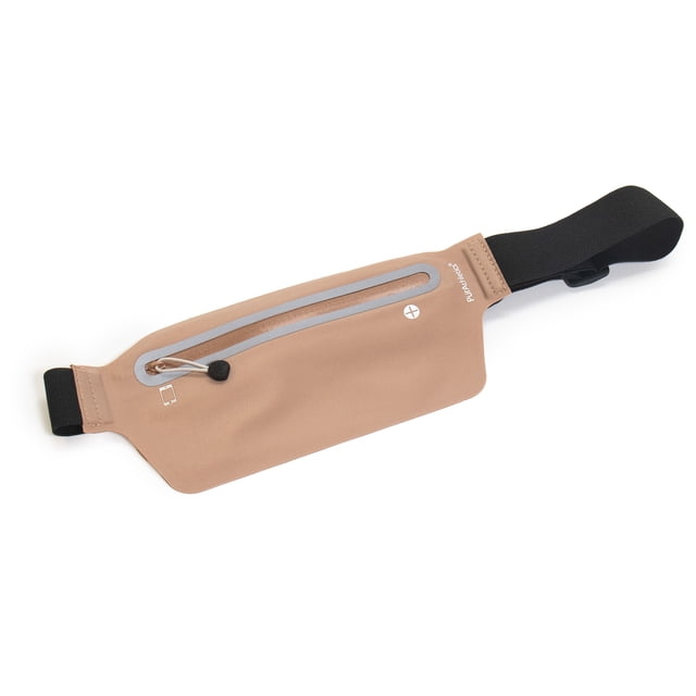PurAthletics Essentials Waist Pack in beige with an adjustable black elastic belt for waists 24 to 42 inches. Features an invisible zipper with reflective trim, separate key and phone compartments, and waterproof material ideal for outdoor activities and travel.